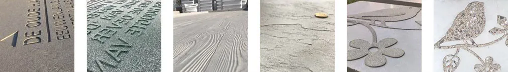 Concrete Art Sichtbeton, Technik: Buchstaben schneiden (vertieft und erhöht), GIANv Holz (4000x1250), Matrize GIAN800 Naturstein, Formen schneiden/Auswasch